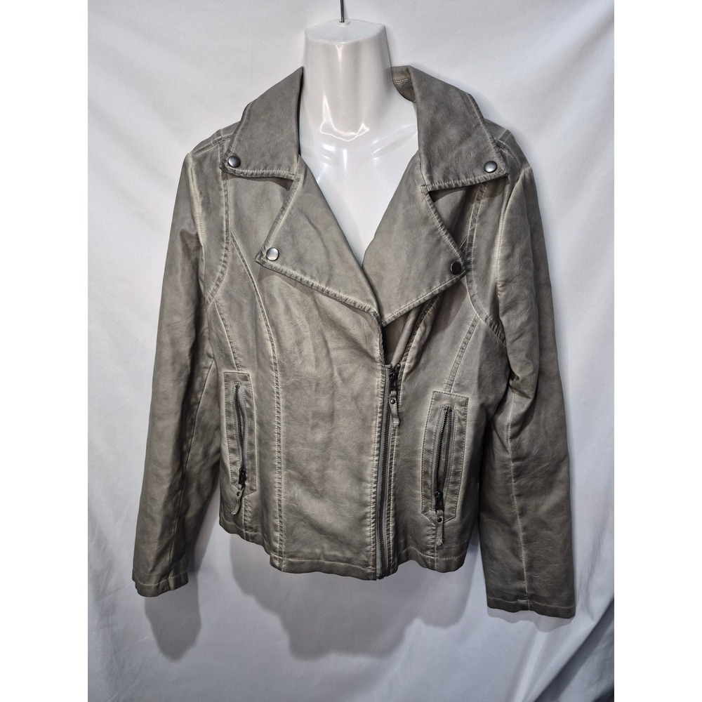 Max Studio Womens Gray Faux Leather Moto Jacket Asymmetrical Zip Size L 6708L23